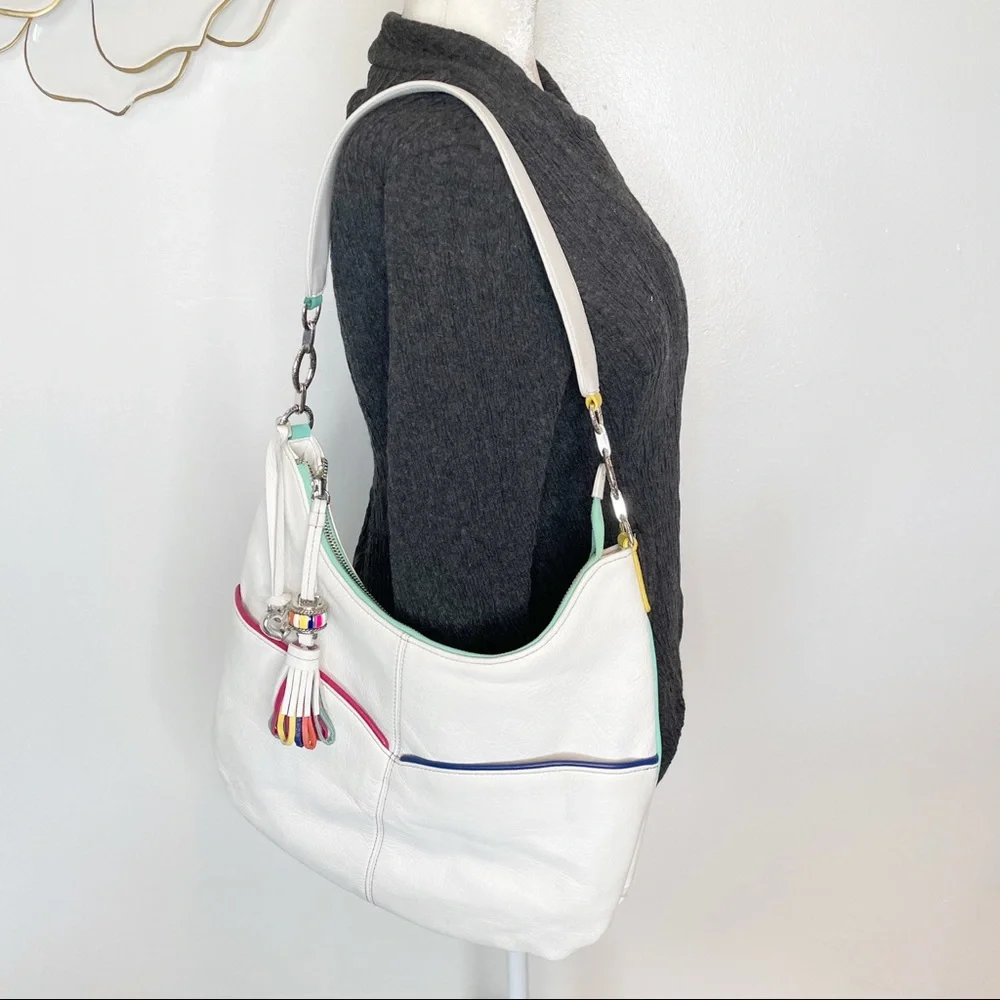 White Leather Hobo Bag with Multicolor Trim
